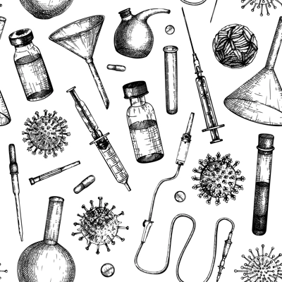 Antiviral therapy and vaccination background. Hand drawn vector illustrations. Vaccine in bottles, laboratory equipment, different virus sketches. Medicine seamless pattern . Covid-19 drawing 